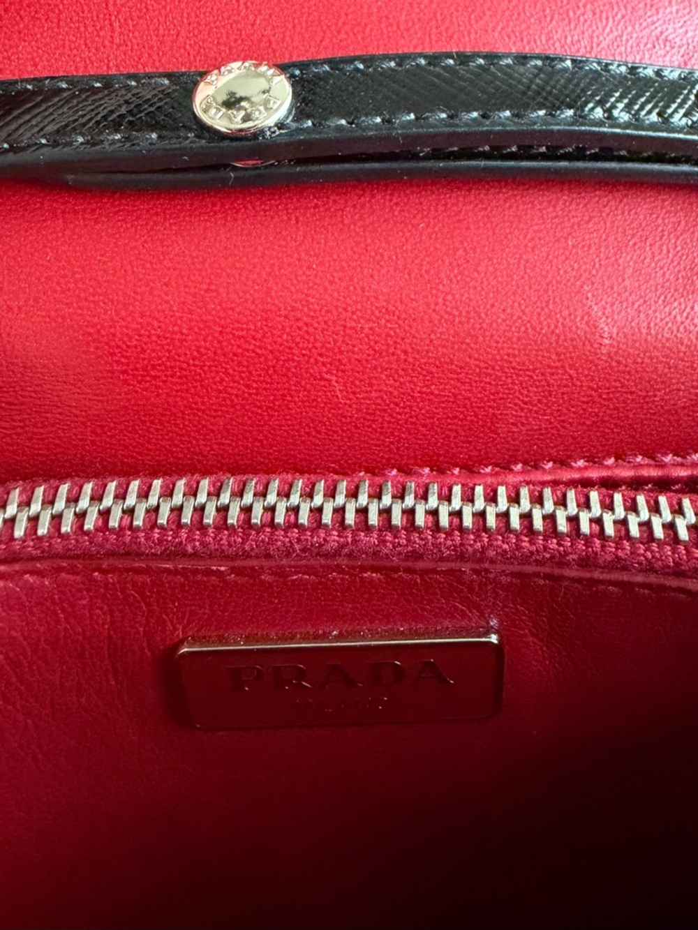 PRADA  Black Saffiano & Red Interior Leather Metal Crossbody Shoulder Bag Clutch - Picture 8 of 15